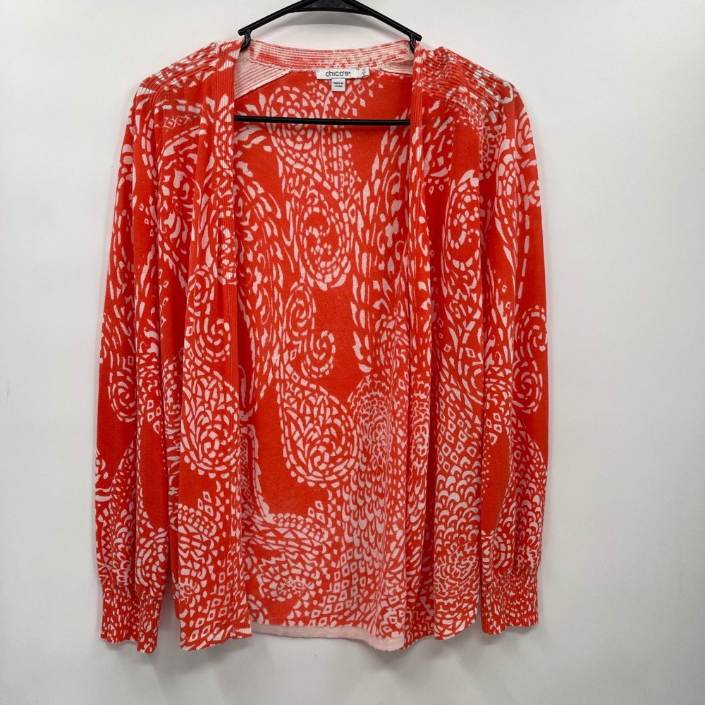 Chicos Orange White Paisley Print Long Sleeve Lightweight Open Front Cardigan